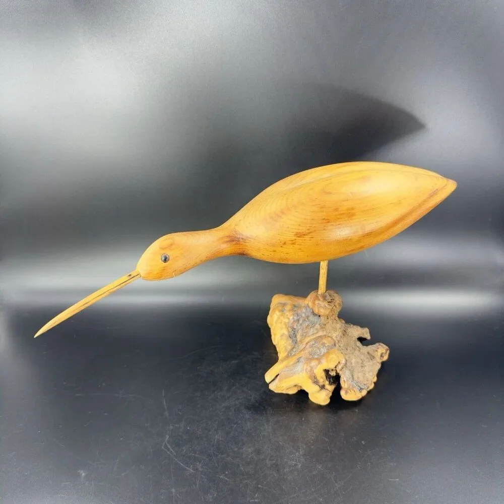 1989 K L Osborn Hand Carved Shore Bird Wood Figurine On Driftwood Hand‎ Made Vtg